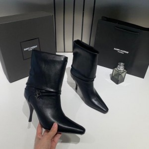 IN SALE Ysl Saint Laurent Niki Leather High Heeled Ankle Boots With The YSL Logo With OG Box Dust Cover Carry Bag B2 Black