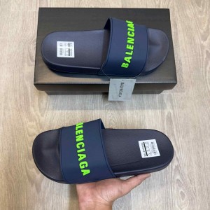 Balenciaga Logo Embossed Pool Navy Blue Neon Slides