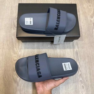 Balenciaga Logo Embossed Pool Grey Black Slides