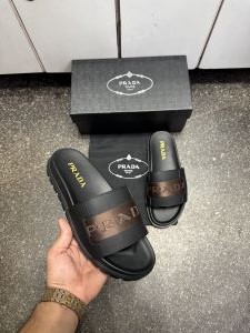Prad.a Logo Leather Slides Brown Strap Premium