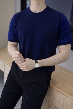 Loui s Vuitton Imported Blue knitted Super Premium Round Neck T-shirt F3516-BU