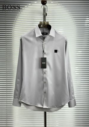 Hugo Bos s Grey Premium Imported Cotton Lycra Fabric Patch Logo Shirt with custom Branded Button Tagging And Brand Packing 3875