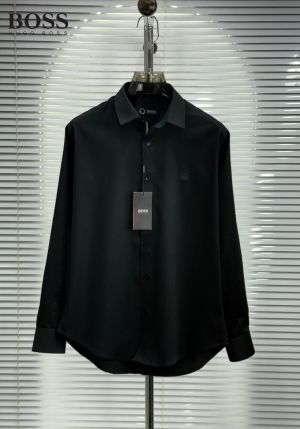 Hugo Bos s Black Premium Imported Cotton Lycra Fabric Patch Logo Shirt with custom Branded Button Tagging And Brand Packing 3872