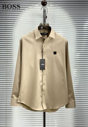 Hugo Bos s Beige Premium Imported Cotton Lycra Fabric Patch Logo Shirt with custom Branded Button Tagging And Brand Packing 3874