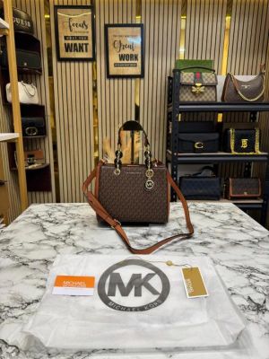 Michael_Kors Cynthia Signature Logo Satchel Bag With Dust Bag (Brown) (F-2001)