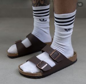 Birkenstock Arizona Brown Leather with sole branding 