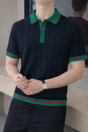 Gucc i Black Imported knitted Premium Collar Neck Polo T-shirt F3487-BL