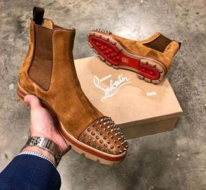 Christian Loubouti.n Spikes Suede Chelsea Boots Tan Premium 