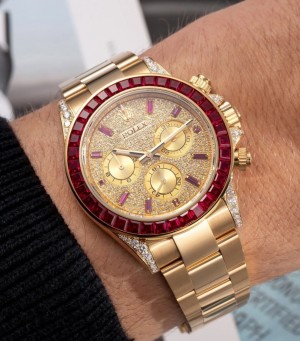 ROLE X Daytona Yellow Gold Diamond Paved Dial Baguette Rubies