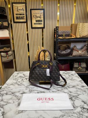 Guess Signature Monogram Logo Satchel With Dust Bag (Coffee)