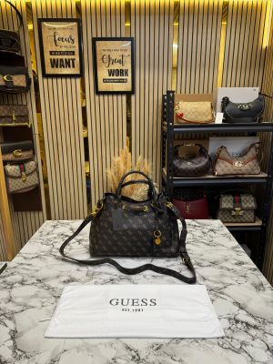 Guess Emera Logo Satchel Monogram Hand Bag With Dust Bag (Coffee)