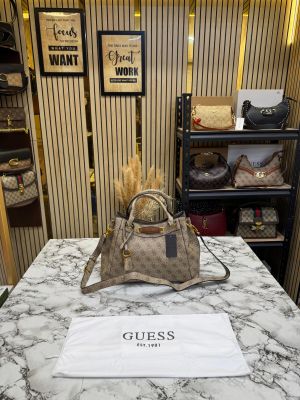 Guess Emera Logo Satchel Monogram Hand Bag With Dust Bag (Brown)