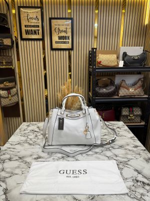 Guess Emera Logo Satchel Hand Bag With Dust Bag (White)