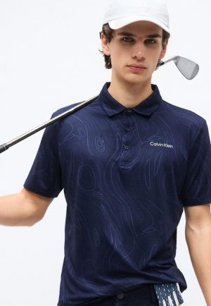 Calvin Klei n Navy Premium Imported Compact Yarn 240 GSM Interlock Fabric Polo Tshirt with All over Design and Emboss Logo 3926