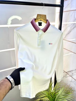 Sale Hugo_Boss White Polo Neck Full Sleeves Premium Collar T-shirt F2783-WH