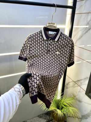 Lacost e Imported Brown Monogram Premium Collar Neck Polo T-shirt F3527-BR