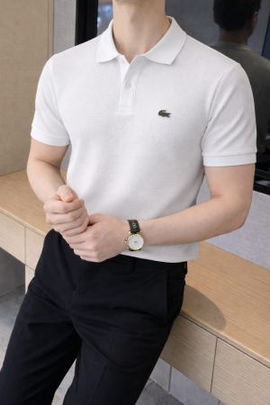 Lacost e Imported knitted Super Premium White Collar Neck Polo T-shirt F3466-WH