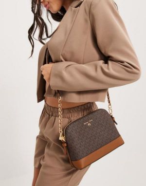 Michael_Kors Jet Set Charm Logo Dome Saffiano Leather Crossbody Bag (Brown-23032)