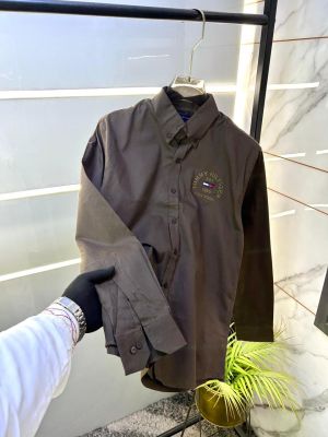 Tommy_Hilfiger Brown Embroidery Logo Oxford Lycra Premium Shirts F2626-BR
