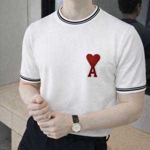 Ami Logo Imported White knitted Polo Super Premium Round Neck T-shirt F3478-WH