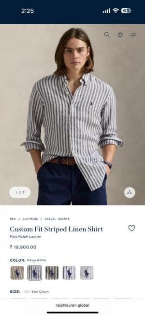 Ralp h laure n grey  premium imported cotton linen fabric shirt with strips and embroidered logo 3637