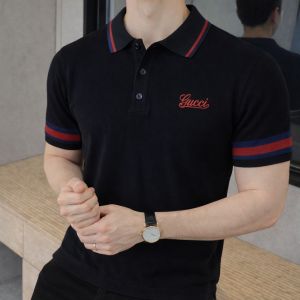 Gucc i Black Imported knitted Premium Collar Neck Polo T-shirt F3557-BL