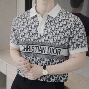 Christian Dio r Imported knitted Monogram Super Premium White Collar Neck Polo T-shirt F3481-WH