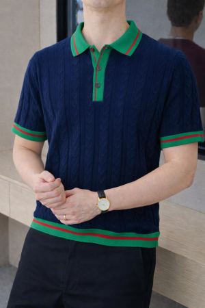 Gucc i Navy Imported knitted Premium Collar Neck Polo T-shirt F3487-NY