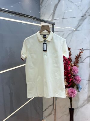 Hugo Bos s Cream Premium Imported 240 GSM Interlock Lycra Fabric Polo Tshirt with Emboss Logo and Brand Box Zip Style 3986