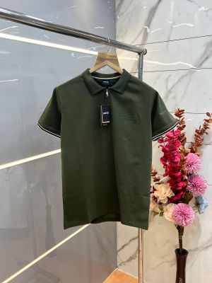 Hugo Bos s Green Premium Imported 240 GSM Interlock Lycra Fabric Polo Tshirt with Emboss Logo and Brand Box Zip Style 3985