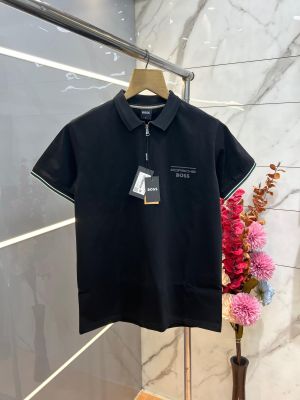 Hugo Bos s Black Premium Imported 240 GSM Interlock Lycra Fabric Polo Tshirt with Emboss Logo and Brand Box Zip Style 3988