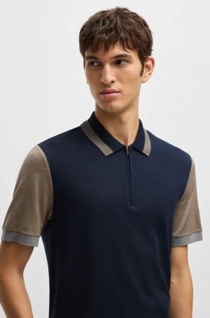 Hugo Bos s Navy Premium Imported 240 GSM Interlock Lycra Fabric Polo Tshirt with Collar Design and Zip Style 3966