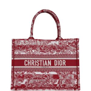 Christian Dio_r Book Tote Red Ecru And Toile Jouy Embroidery Includes Dust Bag 