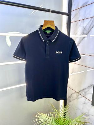 Hugo_Boss Navy Embossed Logo Print Premium Collar Neck Polo T-shirt F1691-NY