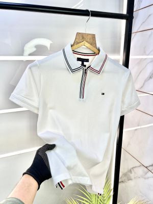 Sale Tommy_Hilfiger White Zipper Premium Collar Polo T-shirt F1891-WH