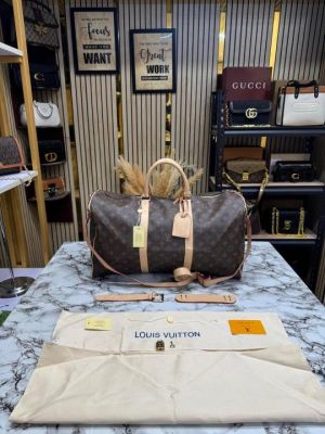 Loui_s Vuitton Keep All Bandouliere Monogram Duffle Bag With Dust Bag (Brown)