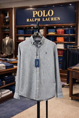 Ralp h laure n Grey Premium Imported Cotton Linen Fabric Shirt with Embroidered Logo 4033