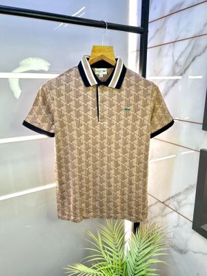 Lacost e Beige Monogram Polo Premium Collar Neck T-shirt F3184-BE