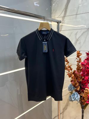Ralp h Lauren Black Premium Imported 240 GSM Interlock Lycra Fabric Polo Tshirt with Collar Design and Embroidered Logo 4059