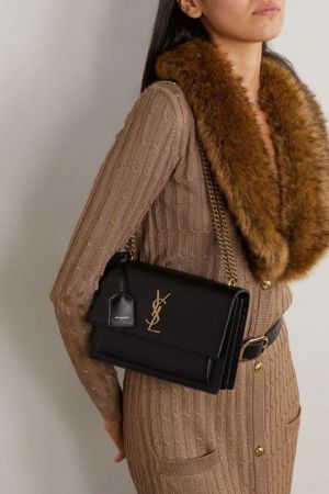 Ysl Saint Laurent Sunset Medium Leather Shoulder Bag Gold Black With OG Box & Carry Bag Gold Black Y2503