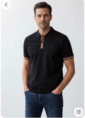 Hugo Bos s Black Premium Imported 240 GSM Interlock Lycra Fabric Polo Tshirt with Front Design and Emboss Logo 4079