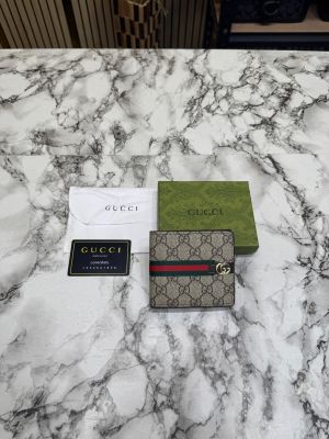 Gucc_i GG Supreme Canvas Bi-fold Wallet With Stripe Including Box And Card (Coffee) (60223)