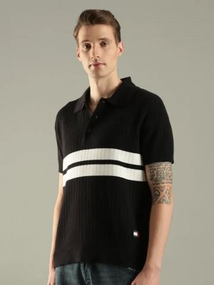 Tommy Hilfige r Black Premium Imported 240 GSM Interlock Lycra Fabric Polo Tshirt with Front Design and Emboss Logo 4086