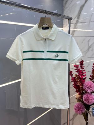 Fred Perr y off-white Premium Cotton Pique fabric Polo Tshirt with Front Design and Embroidered Logo Zip Style 3632