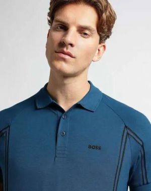 Hugo Bos s Blue Premium Imported 240 GSM Interlock Lycra Fabric Polo Tshirt with Front Design and Emboss Logo 3968