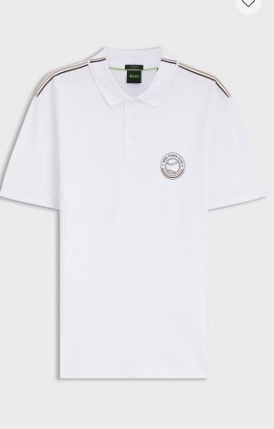 Hugo Bos s White Premium Imported 240 GSM Interlock Lycra Fabric Polo Tshirt with Shoulder Design and Emboss Logo 4078