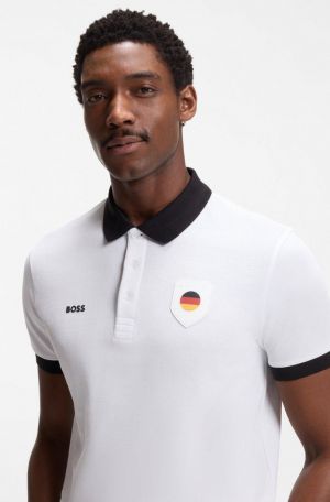 Hugo Bos s White Premium Imported 240 GSM Interlock Lycra Fabric Polo Tshirt with Front Design and Emboss Logo 4150