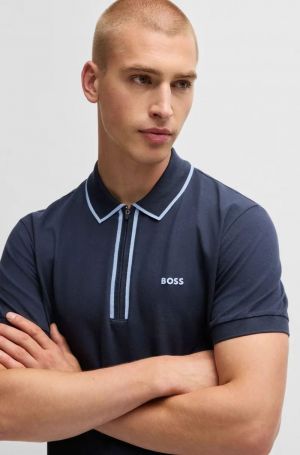 Hugo Bos s Navy Premium Imported 240 GSM Interlock Lycra Fabric Polo Tshirt with Front Design and Emboss Logo 4149