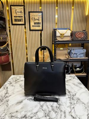 Prad_a Saffiano Leather Briefcase Black Executive Laptop Bag With Strap (PL6615-5)