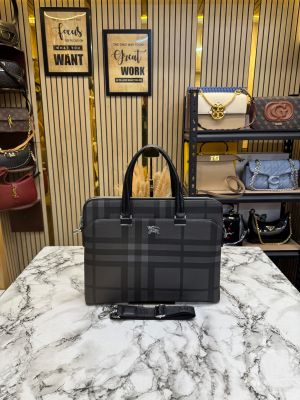 Burberr_y Black Checks Pattern Leather Briefcase Laptop Bag (B8205-5)